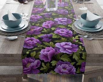 Purple Rose Pattern Table Runner | Floral Black Background, Dining Decor