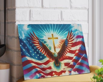 Patriotic Glass Cutting Board with Eagle & Cross Design, Kitchen Decor, Gift for Home Cooks, USA Theme, Memorial Day, Independence Day, BBQs