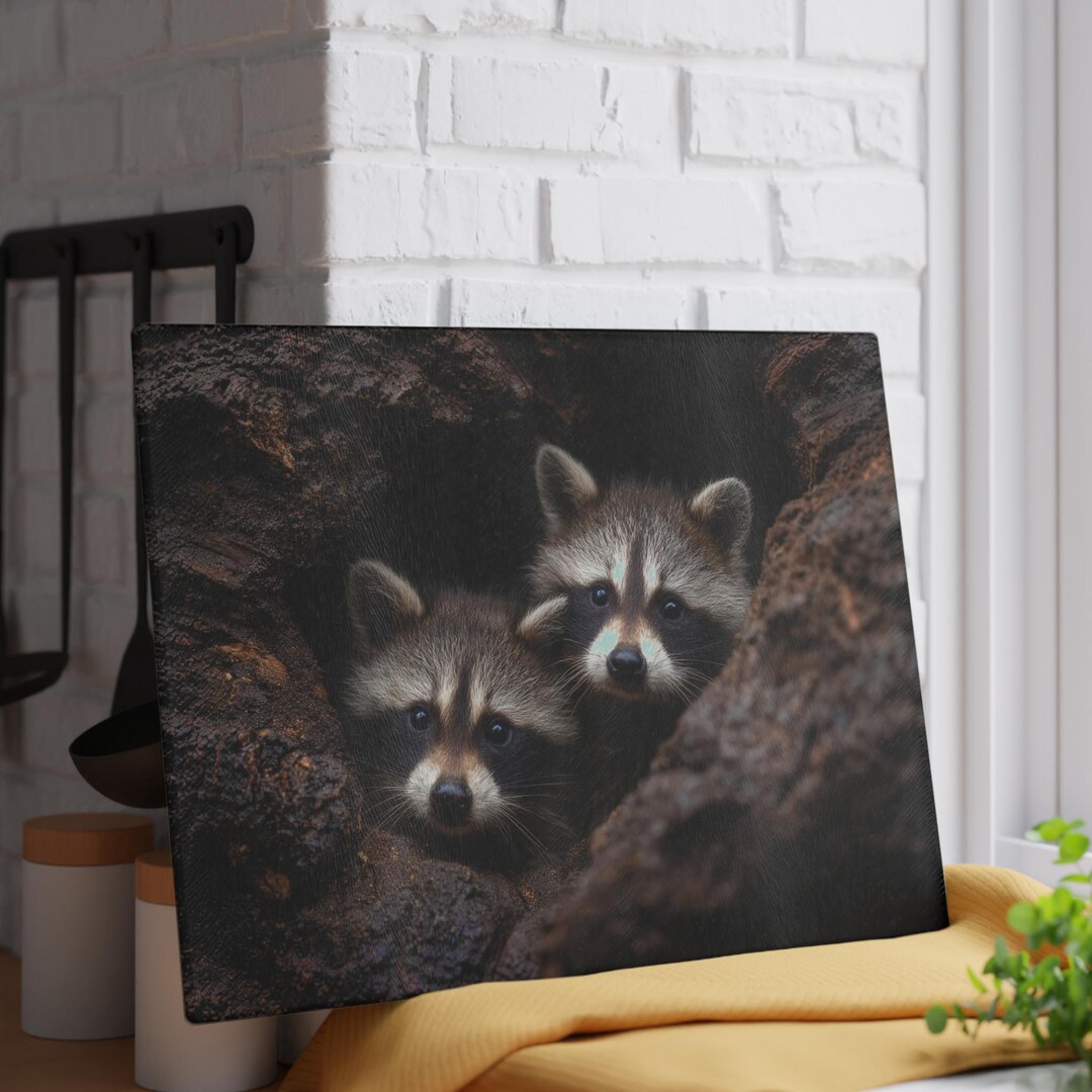 Twin Raccoons Twin Raccoons Peekaboo Glass Cutting Board | Wildlife Kitchen Decor - Etsy