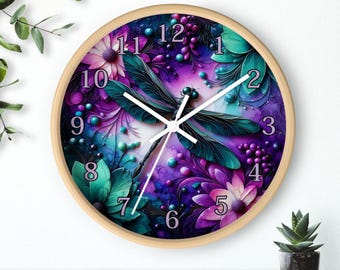 Enchanting Dragonfly Wall Clock, Boho Home Decor, Unique Gift for Nature Lovers, Vibrant Art Clock, Colorful Modern Timepiece