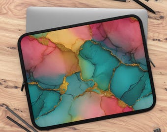 Custodia per laptop con inchiostro effetto marmo colorato e venature dorate / Custodia per dispositivi tecnologici con effetto acquerello astratto
