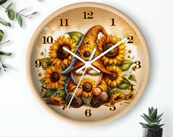Charming Sunflower Gnome Wall Clock, Rustic Kitchen Decor, Garden Lover Gift, Sunflower Home Accent, Whimsical Wall Art