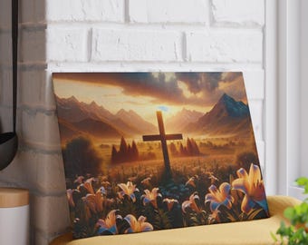 Inspirational Glass Cutting Board with Cross and Floral Design, Perfect for Gifts, Kitchen Decor, Housewarming, Easter, Christian