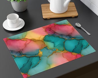 Alcohol Ink Abstract Placemat | Teal Pink Gold Marble Table Mat