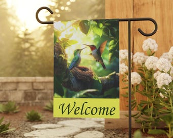 Welcome Garden Banner, Colorful Outdoor Decor, Hummingbird Yard Flag, Spring Home Decoration, Vibrant Housewarming Gift, Garden Party