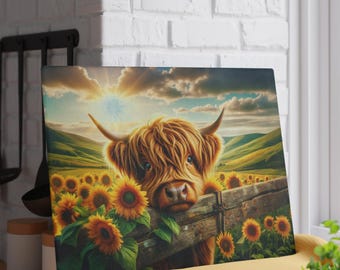 Highland Cow with Sunflowers Glass Cutting Board | Farmhouse Kitchen Decor