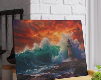 Lighthouse Storm Waves Glass Cutting Board | Seascape Ocean Art
