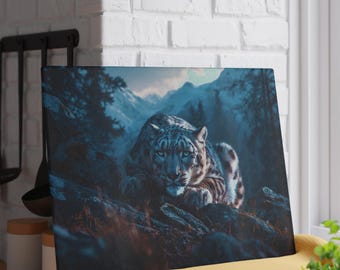 Majestic Snow Leopard Glass Cutting Board | Kitchen Decor, Home Gift, Animal Lover, Nature Theme, Unique Kitchenware