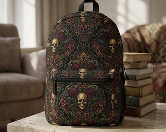 Vintage Skull and Roses Backpack | Gothic Baroque Skull Pattern
