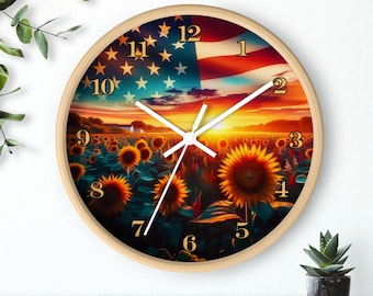 Sunflower Fields Wall Clock, Rustic Home Decor, American Flag Clock, Nature Lover Gift, Vintage Style Wall Art, Unique Timepiece