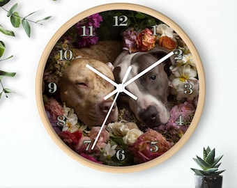 Floral Pit Bull Wall Clock, Dog Lover Gift, Home Decor, Pet Memorial, Unique Art Piece, Animal Lover Timepiece
