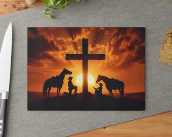 Sunset Cross Glass Cutting Board | Rustic Kitchen Decor, Gift for Him, Faith-Based Cooking Accessory, Unique Wedding Gift, Christian Home