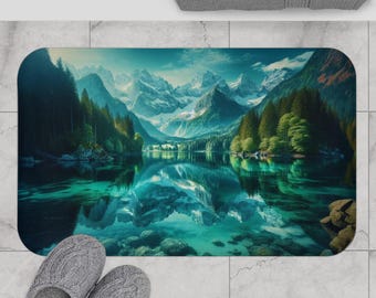Mountain Lake Landscape Bath Mat | Serene Forest Reflection