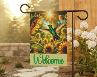 Welcome Hummingbird Garden Flag, Floral Home Decor, Sunflower Flag, Hummingbird Welcome Banner, Outdoor, Spring/Summer Garden Flag