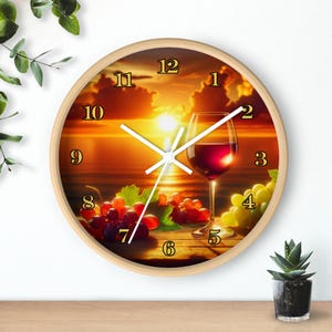 May include: A round wall clock with a sunset scene and a glass of red wine. The clock face has Roman numerals and a white background. The clock is surrounded by a wooden frame.