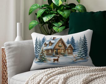 Rustic Winter Retreat Lumbar Pillow | Cozy Home Decor, Christmas Gift, Winter Vibes, Couch Cushion, Holiday Decoration