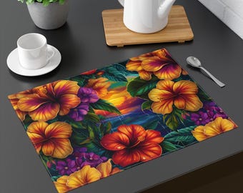 Tropical Hibiscus Sunset Placemat | Floral Table Decor