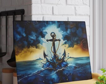 Nautical Anchor Splash Glass Cutting Board | Ocean Sunset Seascape