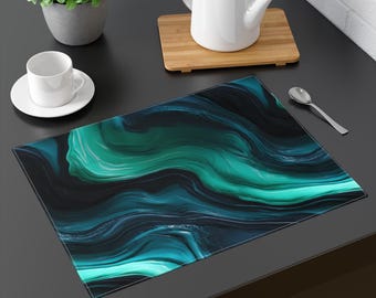 Teal Marble Swirl Placemat | Abstract Fluid Art Table Mat