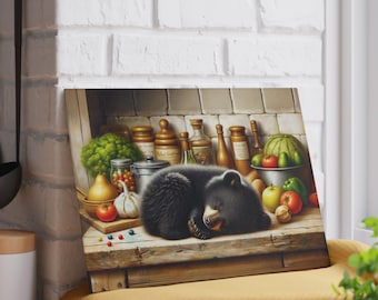 Cozy Bear Glass Cutting Board - Kitchen Decor, Gift for Chefs, Animal Lovers, Housewarming, Rustic Kitchen, BBQ Essentials