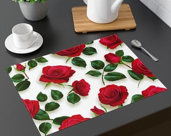 Elegant Red Roses Placemat, Floral Table Decor, Romantic Dinnerware, Mother's Day Gift, Kitchen Table Accessory, Dining Room Decor