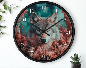 Mystic Wolf Floral Wall Clock | Floral Wolf Clock, Forest Animal Decor