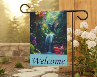 Hummingbird Waterfall Welcome Garden Flag | House Banner