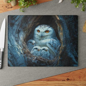 Whimsical Owl Family Glass Cutting Board - Unique Kitchen Decor, Perfect Gift for Nature Lovers, Bird Enthusiasts, Housewarming,