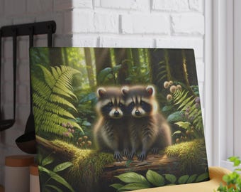 Woodland Raccoon Duo Glass Cutting Board | Forest Ferns Art