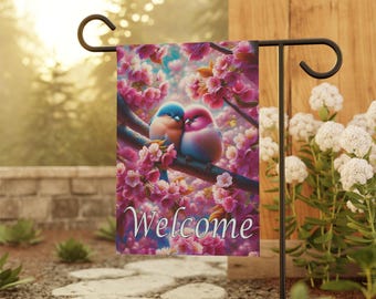Lovebirds on Cherry Blossom Welcome Garden Flag | House Banner