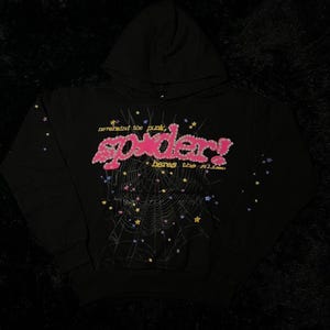 May include: Black hooded sweatshirt with the word "Spider" in pink, embellished with small pink flowers. The design includes a spiderweb and the phrases "nevermind the punk" and "heres the slime" in a playful font. Colorful stars are scattered around the design.