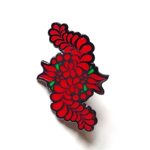 Floral Folk Motif Enamel Pin- Red & Black Tulipán