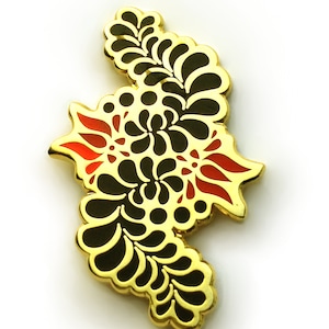 Floral Folk Motif Enamel Pin- Black, Red & Gold Tulipán