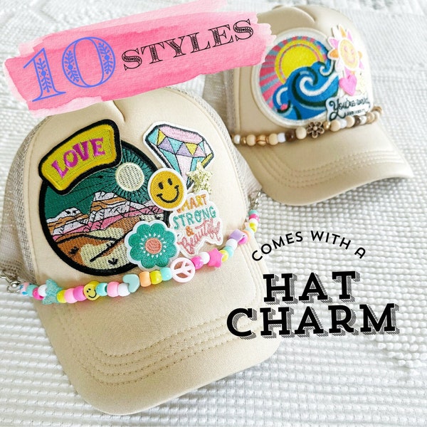 Casquette de camionneur, breloques pour chapeau, accessoire de chapeau, chapeau avec patchs, anniversaire de meilleure amie, cadeau pour elle, faveur d'enterrement de vie de jeune garçon, patch en cuir