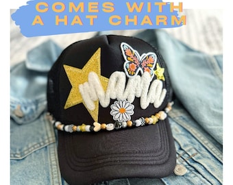Mama Trucker Hat with Patches, Mothers Day gift for women, New Mom gift for her, chenille patch, hat with stars, custom mom birthday gift