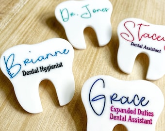 Personalized Dental Name Tag, tooth pin, dental graduation gift, hygienist name badge, dental assistant gift, tooth tag, staff gift, dentist