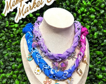 Bandana Charm Necklace, Western Necklace, Cowgirl Jewelry, Birthday Gift for Her, Braided Bandana Choker, Girls Trip Gift, Beach Jewelry