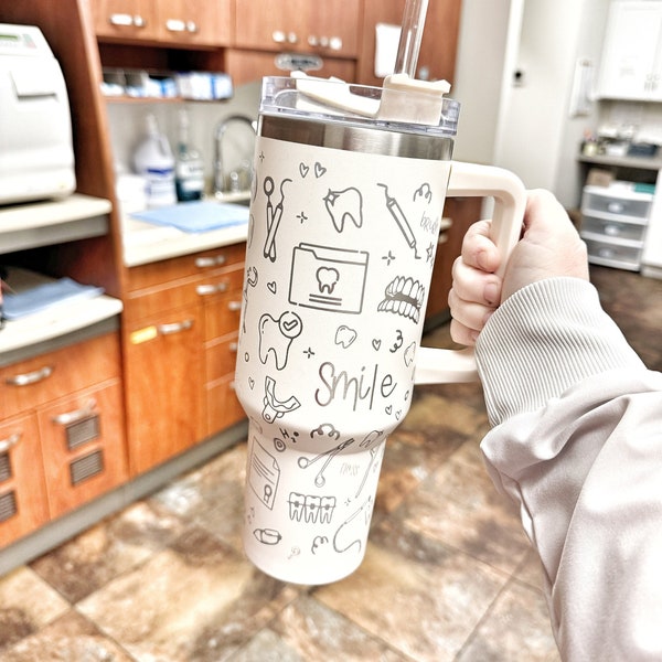 Vaso dental grabado con asa, regalo para higienistas dentales, 40 oz, 30 oz