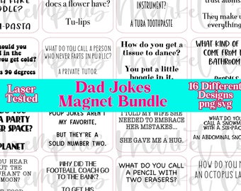 May include: A set of 16 printable dad joke magnets. The magnets are white with black text and feature various jokes. The text includes "What do you call a fake noodle? An Im-pasta", "Why should you stand in the corner if you get cold? It's always 90 degrees", "How many lips does a flower have? Tu-lips", "What do you call a person who never farts in public? A private tutor", "What is a dentist's favorite instrument? A tuba toothpaste", "How do you get a tissue to dance? You put a little boogie in it.", "Why can't you trust atoms? They make up everything", "What kind of dogs come from the bathroom? Doodies", "Plan a party in outer space? You planet", "Did you hear about the restaurant on the moon? Great food. No atmosphere.", "Poop jokes aren't my favorite, but they're a solid number two.", "Why did the football coach go to the bank? To get his quarter back", "I told my wife she needed to embrace her mistakes... She gave me a hug.", "What do you call a pencil with two erasers? Pointless.", "What do you call a snowman with a six-pack? An abdominal snowman.", "How do you make an octopus laugh? With ten-tickles."