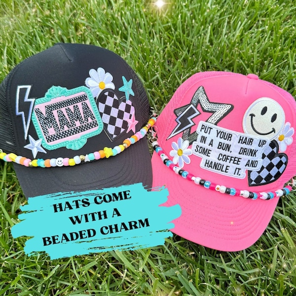 Patch Trucker Hat, Hat Charms, MAMA Hat, Hat with Patches, best friend birthday, gift for mom, checkered mama, Mothers Day for her, Mom life