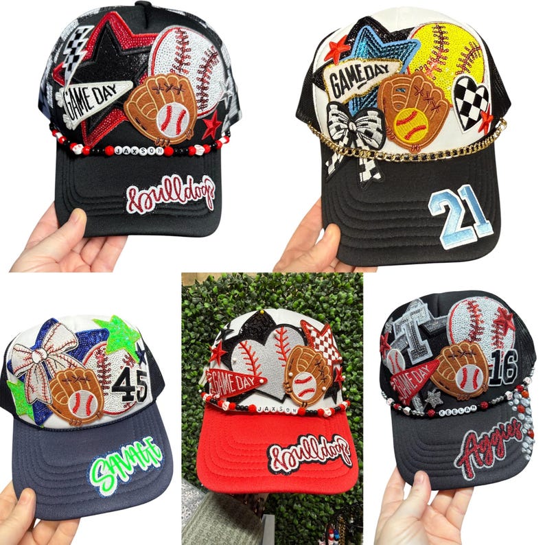 May include: Baseball caps with baseball-themed decorations. Each cap features baseballs, gloves, and stars. The caps have different colour schemes, including black, red, and navy blue, with text such as "Game Day" and team names.