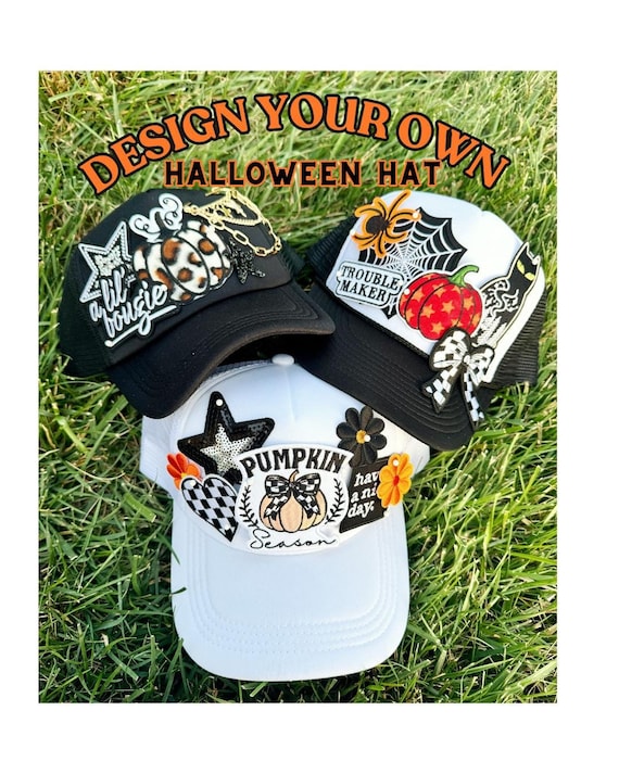 NWT Black Halloween trucker hat with themed embroidered patches, and rhinestone EHH0001-74RS_BLACK_01.jpg?v=  main image 4