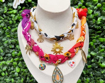 Bandana Charm Necklace, Western Necklace, Boho Jewelry, Birthday Gift for Her, Braided Bandana Choker, Girls Trip Gift, Beach Jewelry