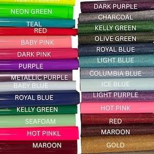 May include: A collection of rectangular heat transfer vinyl sheets arranged in two columns. The left column features solid colors including black, neon yellow, neon green, teal, red, baby pink, dark pink, purple, metallic purple, baby blue, royal blue, kelly green, seafoam, hot pink, maroon, orange, and yellow. The right column displays glitter-textured sheets labeled dark purple, charcoal, kelly green, olive green, royal blue, light blue, columbia blue, ice blue, light purple, hot pink, red, maroon, gold, silver, and white.