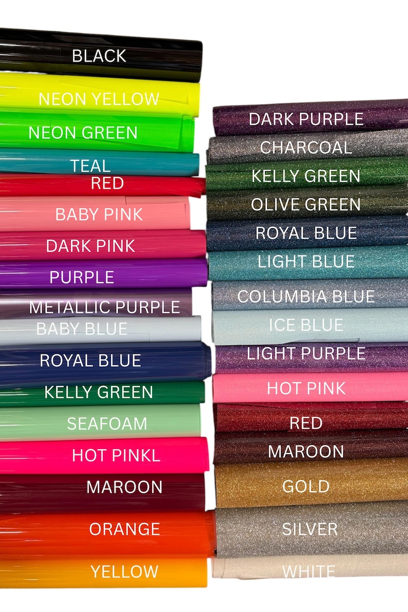 May include: A collection of rectangular heat transfer vinyl sheets arranged in two columns. The left column features solid colors including black, neon yellow, neon green, teal, red, baby pink, dark pink, purple, metallic purple, baby blue, royal blue, kelly green, seafoam, hot pink, maroon, orange, and yellow. The right column displays glitter-textured sheets labeled dark purple, charcoal, kelly green, olive green, royal blue, light blue, columbia blue, ice blue, light purple, hot pink, red, maroon, gold, silver, and white.