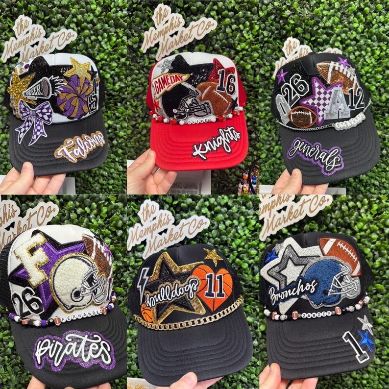May include: Six custom baseball caps with team-themed designs. Each cap has a black peak and a white or red crown, decorated with football motifs, stars, team names, and numbers. The caps are embellished with rhinestones and beads, creating a unique look.