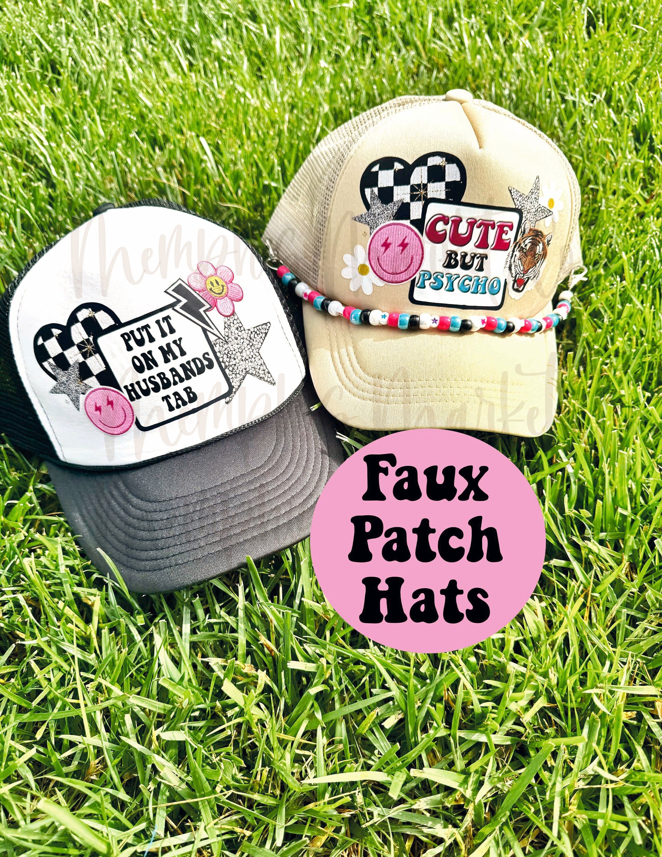 FAUX PATCH Trucker Hat, Cute but Psycho hat, husbands tab hat, best friend birthday for her, bachelorette party favor, checkered hat women