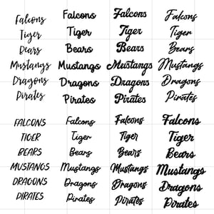 May include: A grid of black text samples featuring the words Falcons, Tiger, Bears, Mustangs, Dragons, and Pirates in various script and block fonts. The words are arranged in columns and rows against a white background, showcasing different typography styles.