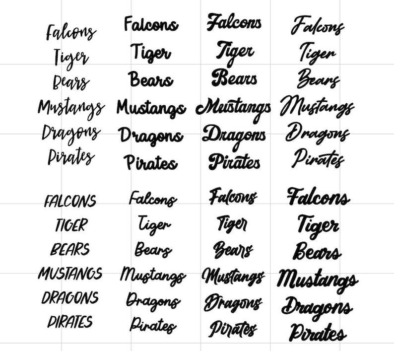 May include: A grid of black text samples featuring the words Falcons, Tiger, Bears, Mustangs, Dragons, and Pirates in various script and block fonts. The words are arranged in columns and rows against a white background, showcasing different typography styles.