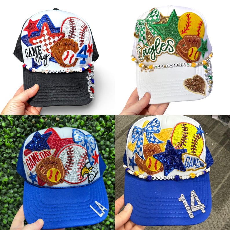 May include: Four baseball caps with decorative embellishments. Each cap features a baseball or softball theme, with elements like baseballs, gloves, stars, and the text "Game Day" or "Eagles". The caps have different colour schemes, including black, white, and blue.